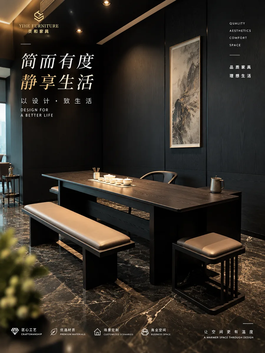 一品天下长桌与坐具组合家具展示海报